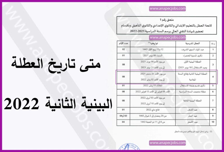 تاريخ العطلة البينية الثانية 2022