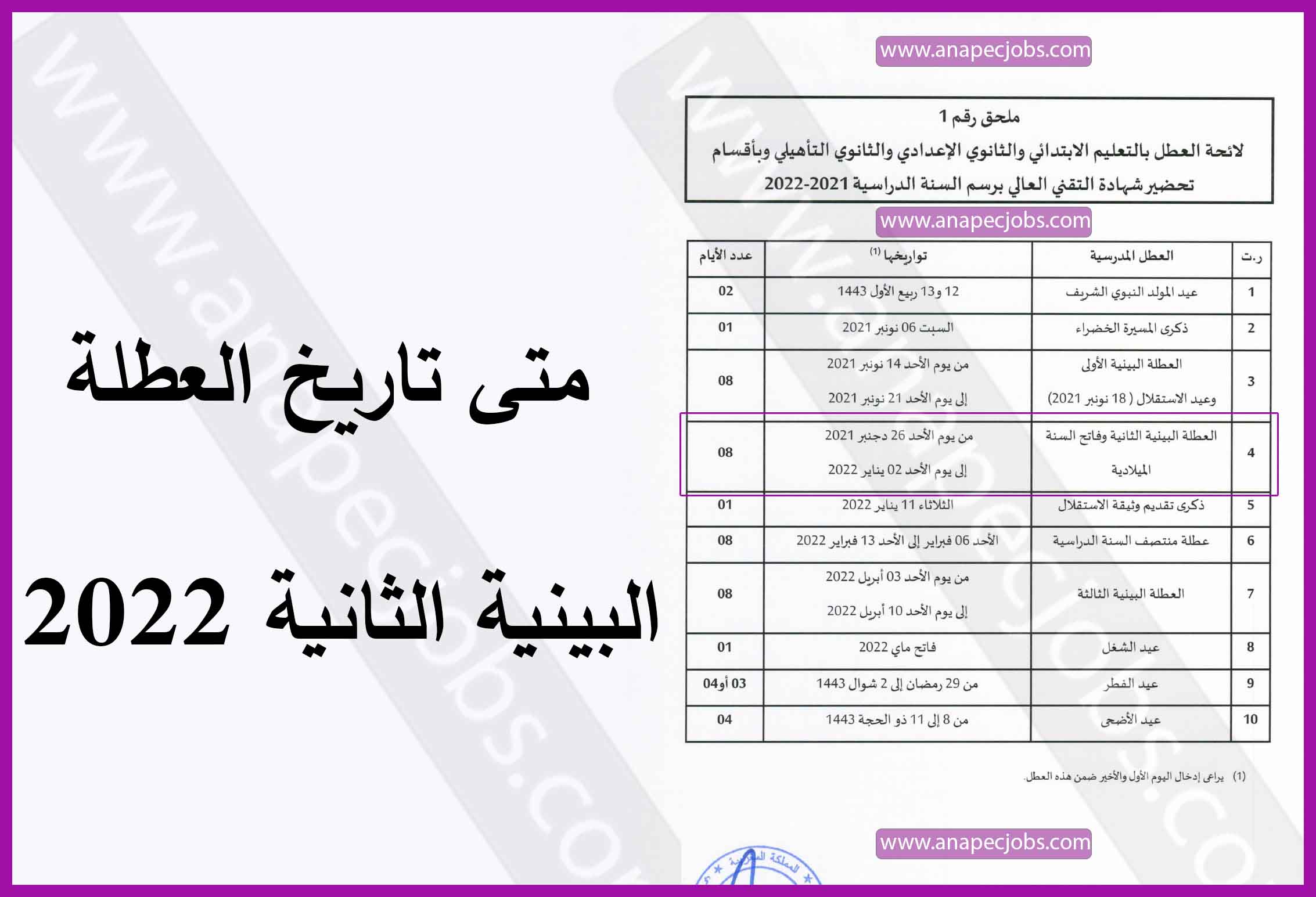 تاريخ العطلة البينية الثانية 2022