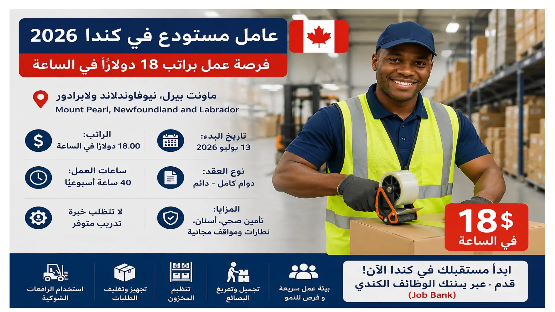 عامل مستودع في كندا 2026 | فرصة عمل براتب 18 دولارًا في الساعة في نيوفاوندلاند ولابرادور
